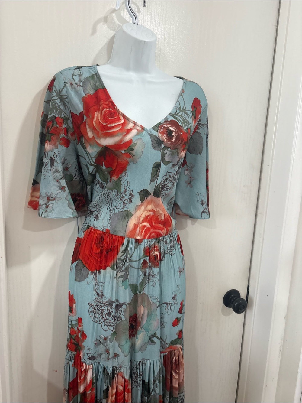 Soft Surroundings Light Blue Maxi Dress with Red Floral Print - Picture 3 of 10